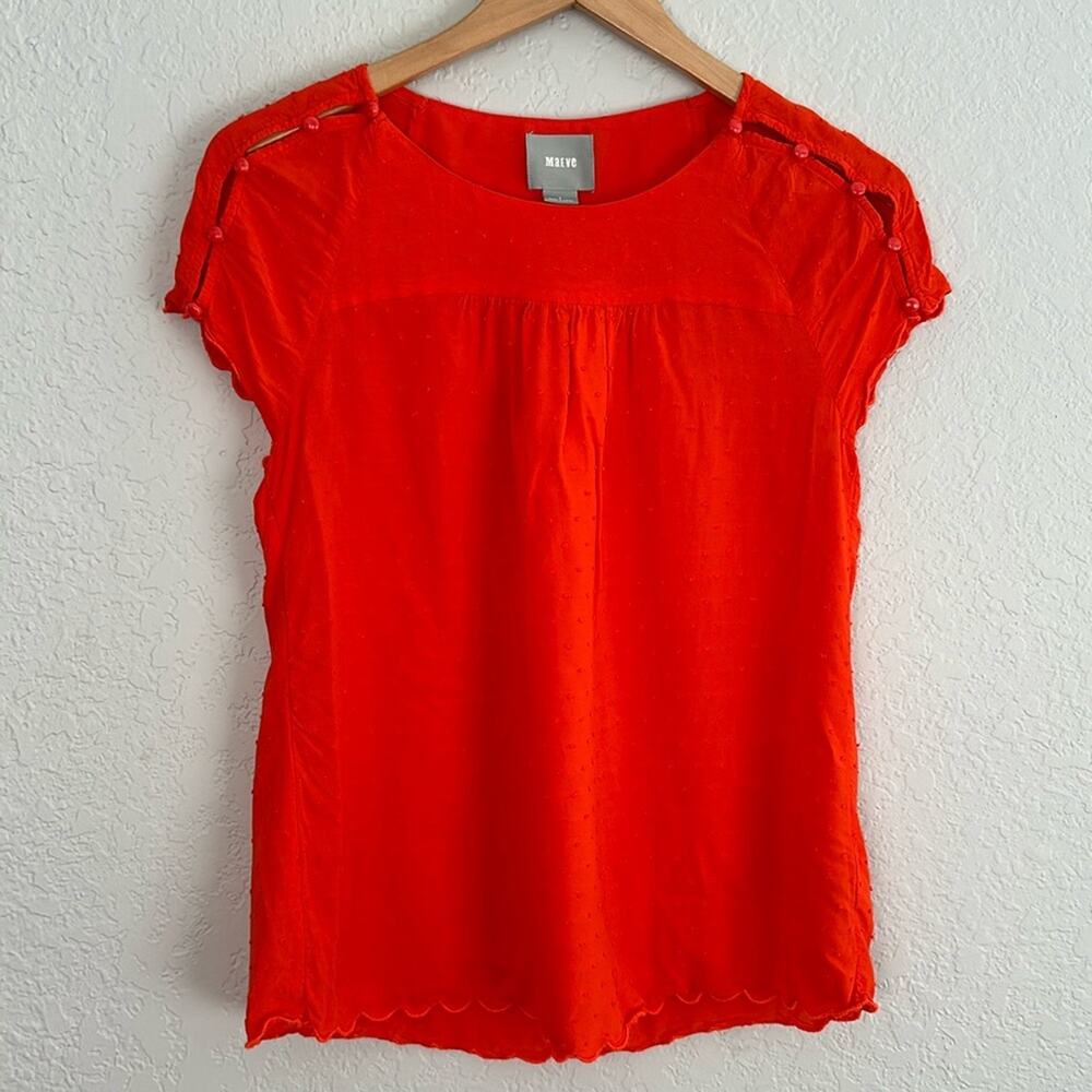 Anthropologie Maeve Deep Orange Swiss Dot Short Sleeve Top Button Shoulder